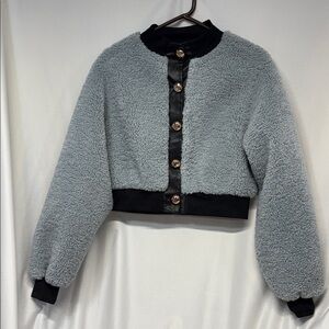 Jules Kae 100% faux fur leather trimmed bomber sherpa button up jacket xs